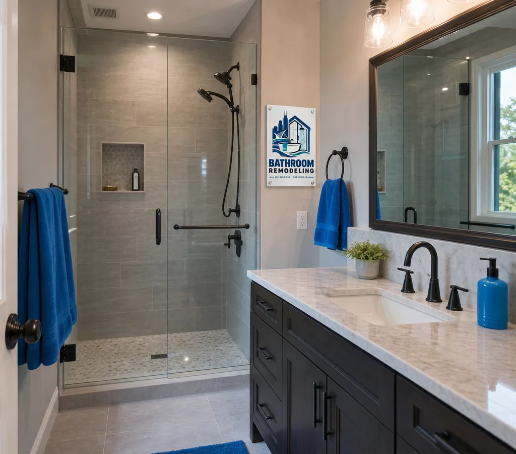 Bright finished Milwaukee bathroom remodel with tiled shower, glass door, updated vanity, and modern lighting