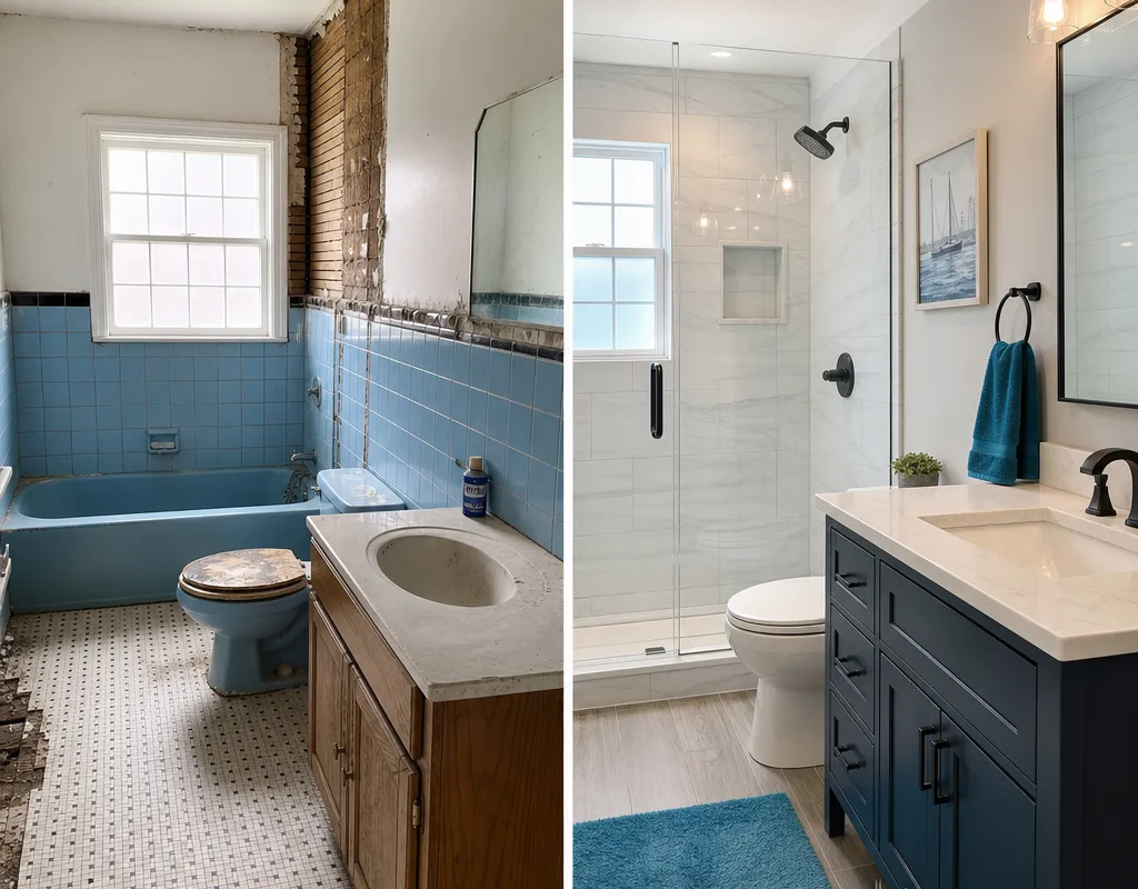 Before and after of an older Milwaukee bathroom renovated with a new vanity, modern lighting, and tiled shower