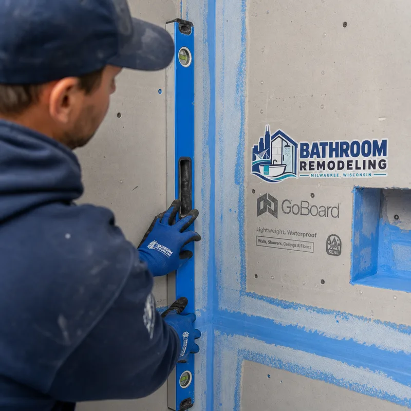 Shower renovation detail showing approved backer, waterproofing membrane at seams and corners, and a level checking plumb lines