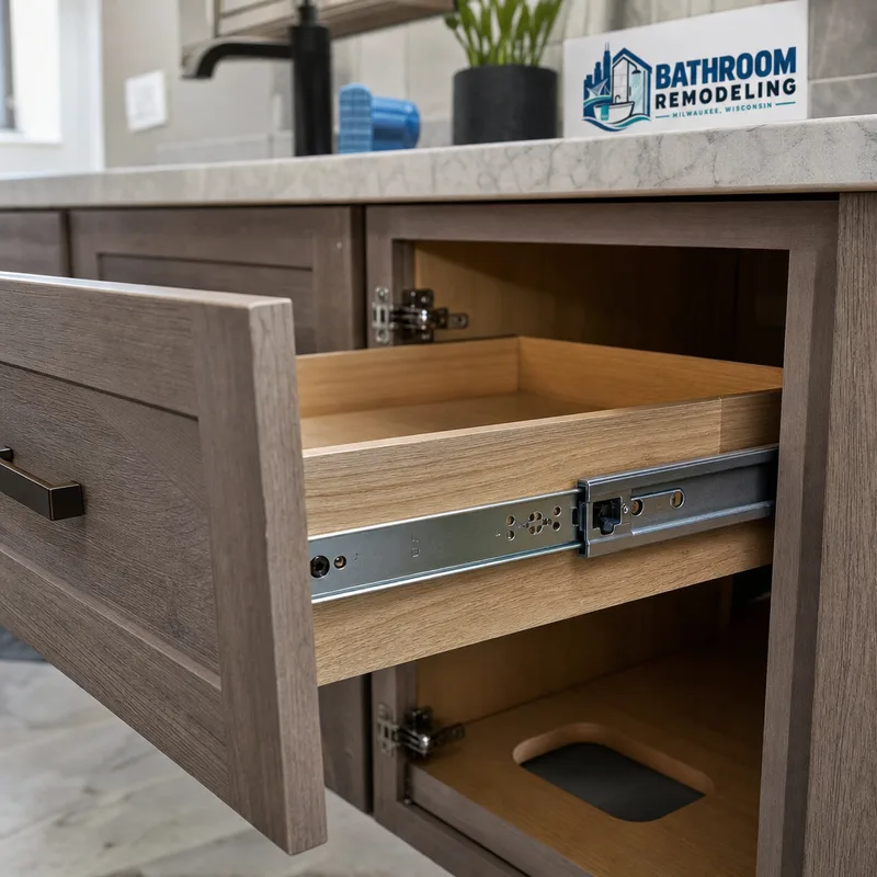 Open vanity drawer showing full-extension soft-close slides, moisture-resistant finish, and a neatly cut plumbing opening