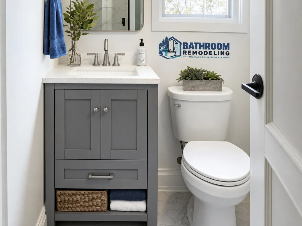 Compact 30-inch freestanding vanity in a narrow bathroom with a comfortable walkway and practical storage