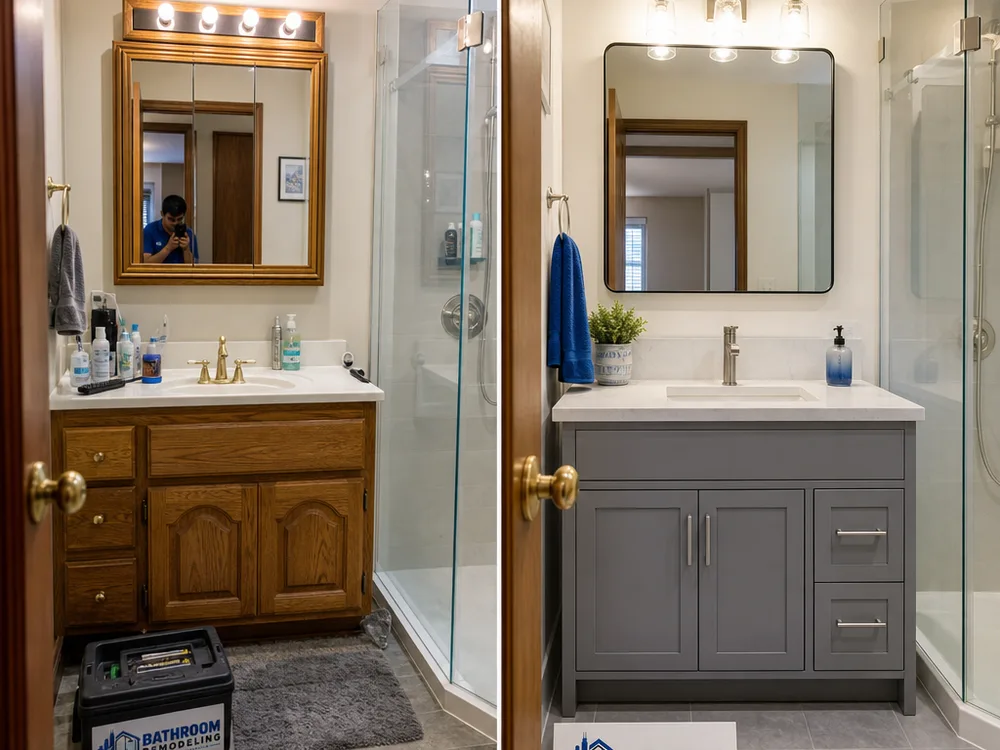 Before-and-after view of an older bulky vanity replaced by a better-sized cabinet with improved drawer storage