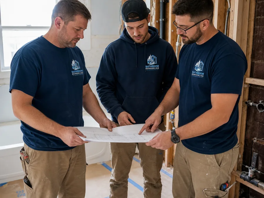 Bathroom remodeling crew reviewing plans in a partially demolished Milwaukee bathroom with protected floors